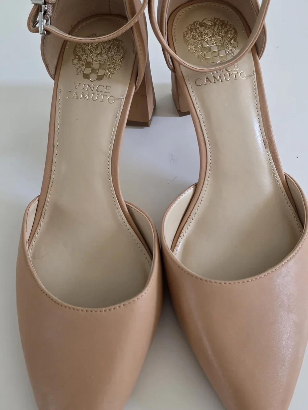 Vince Camuto Nude Pointed-Toe Block Heel Ankle-Strap Pumps